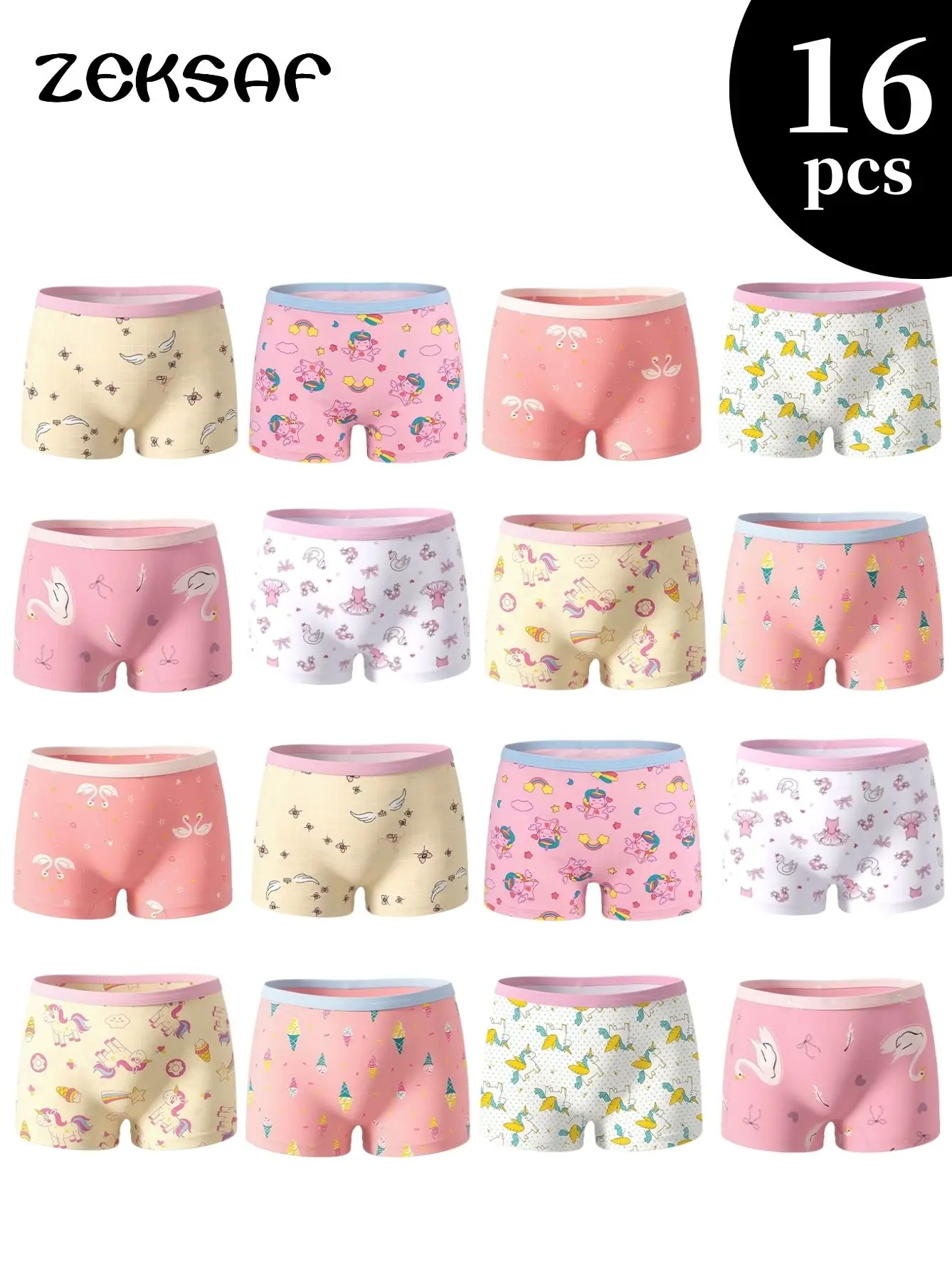 ZEKSAF Girls Boxer Briefs 16 Pack, Cute Print Girls Underwears, Soft and Cozy Toddler Underpanties