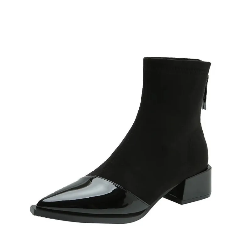 

Skinny Boots Autumn New Pointed Toe Splice Zipper Soft Sole Anti-slip Wear-resistant Block Heel Women's Shoes