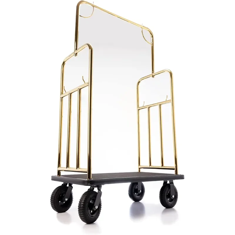 Stainless Steel Luggage Cart 1000lb Capacity Bellman Cart w 1.25 Welded Steel Frame Black Carpeted Deck Rubber Wheels for