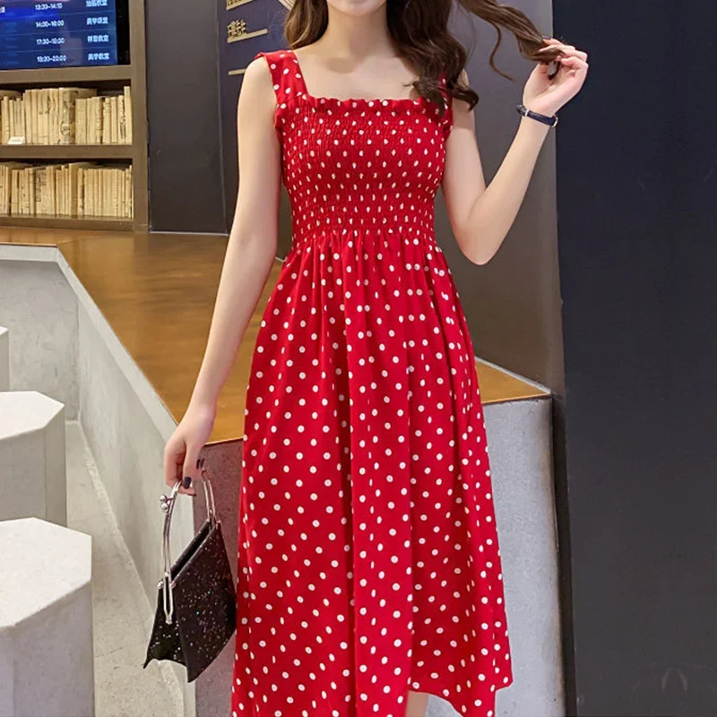 Women Summer Polka Dot Chiffon Long Dress Elegant Square Neck Sleeveless Dress Casual Ladies Vestidos