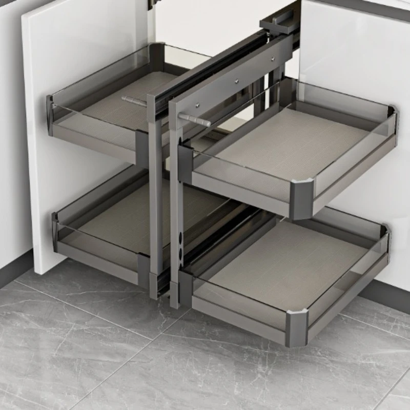 Dishes all pulled out corner rack cupboard