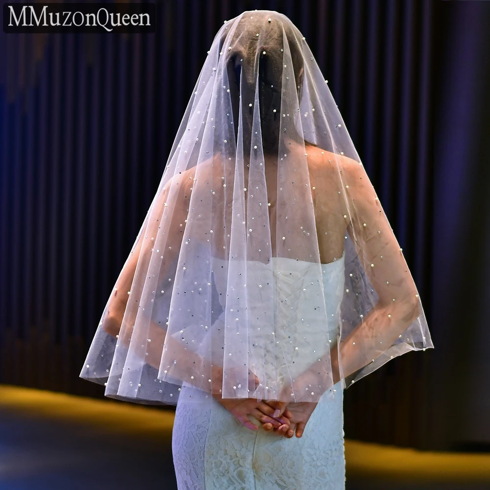 MZA62-N Bride Veils Without Comb Rhinestone and Pearls Bridal Veils with Blush 1 Tier Veil White/Off-White Wedding Tulle 2023