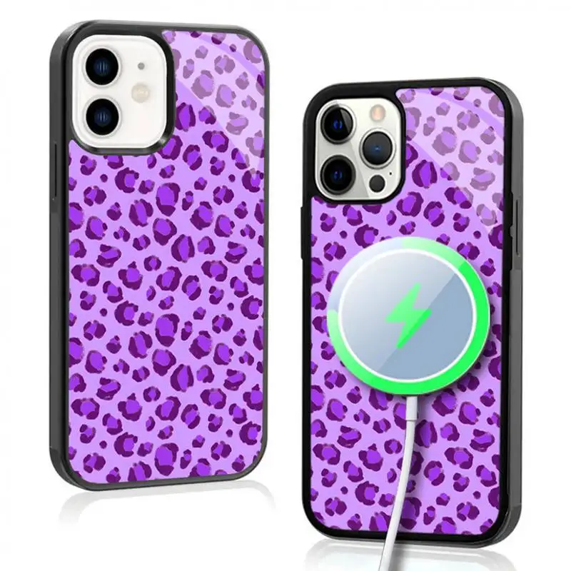 

Leather Leopard Print Phone Case For IPhone 11 12 13 14 15 Plus Pro Max Mirror Acrylic Cover For Magsafe Wireless Charging
