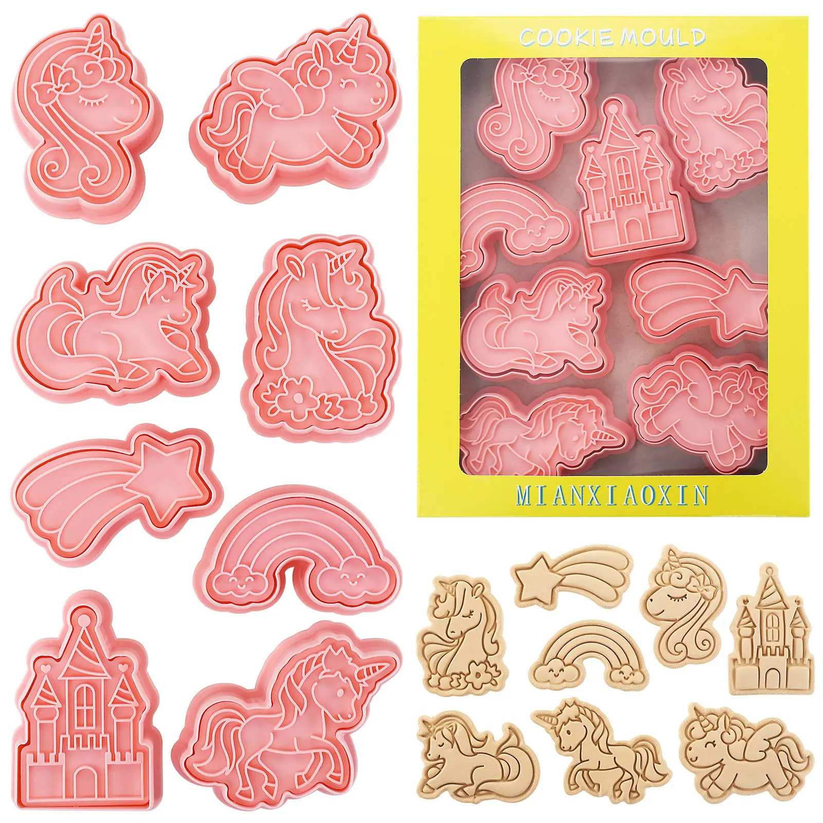 8 قطع من قواطع كوكي الحيوانات ثلاثية الأبعاد منقوشة على شكل وحيد القرن للخبز أدوات الخبز ذاتية الصنع (8-يونيكورن ب)