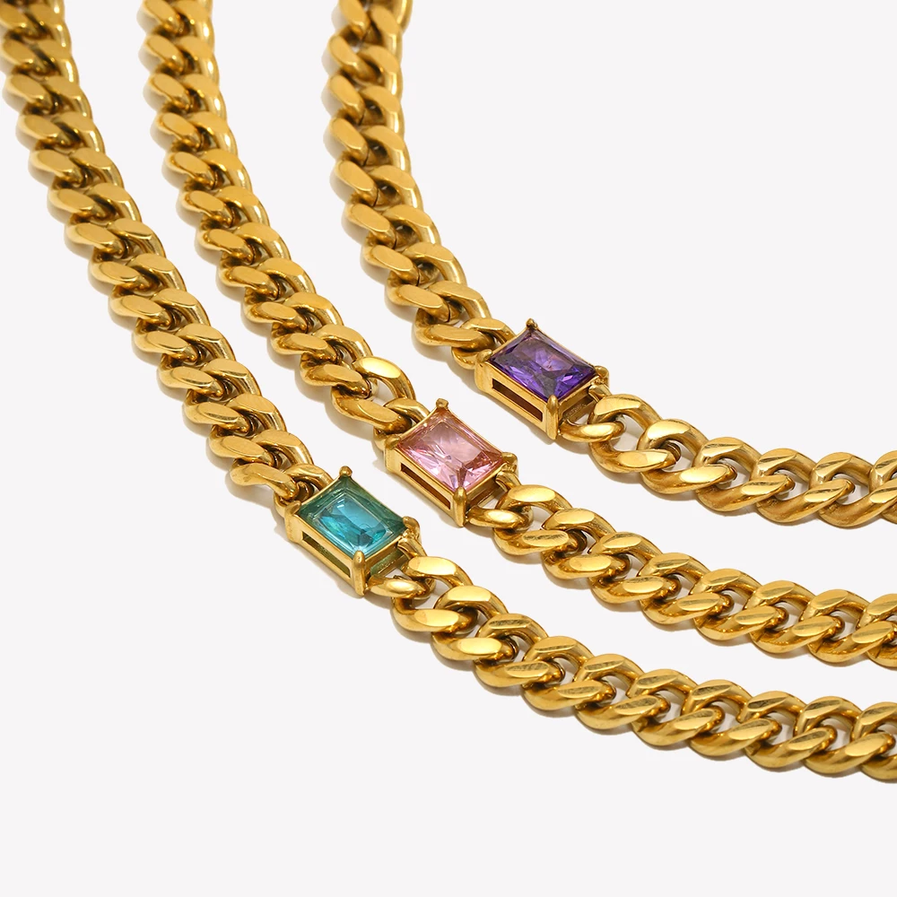 6.5mm Cuban Chain Rectangle Zircon Pendant Necklace Gold Plated Stainless Steel Chain Choker Necklaces For Woman Jewelry