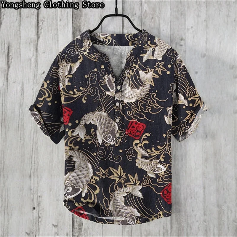 Summer men's short-sleeved POLO shirt linen printed shirt Japanese and Korean popular style original large size shirt