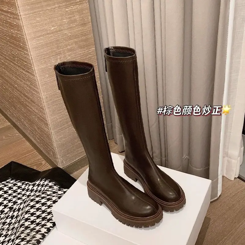 Long Short Boots No More Than Knee Boots for Women Autumn/Winter 2024 with Fleece Slim Brown Tall Knight Boots