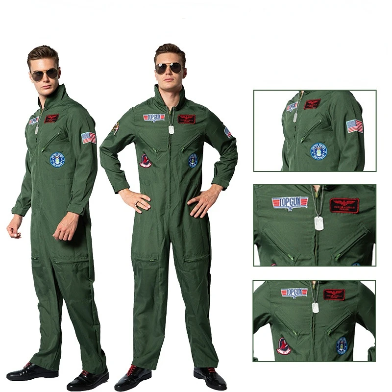 

Men’s Pilot Jumpsuit Movie TOP GUN Pilot Uniform Army Green Cosplay Costume Military Air Force Fighter Pilot Halloween