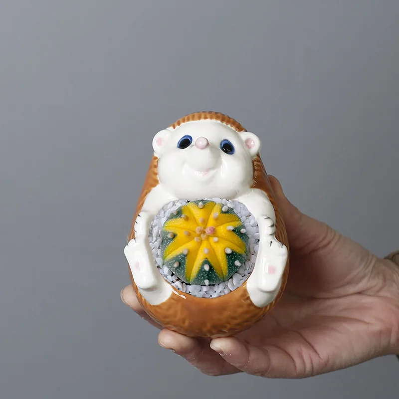 Handmade Hedgehog Animal Ceramic Flower Pot Succulent Planter Mini Cactus Bonsai Desktop Tabletop Home Office Decor Gift
