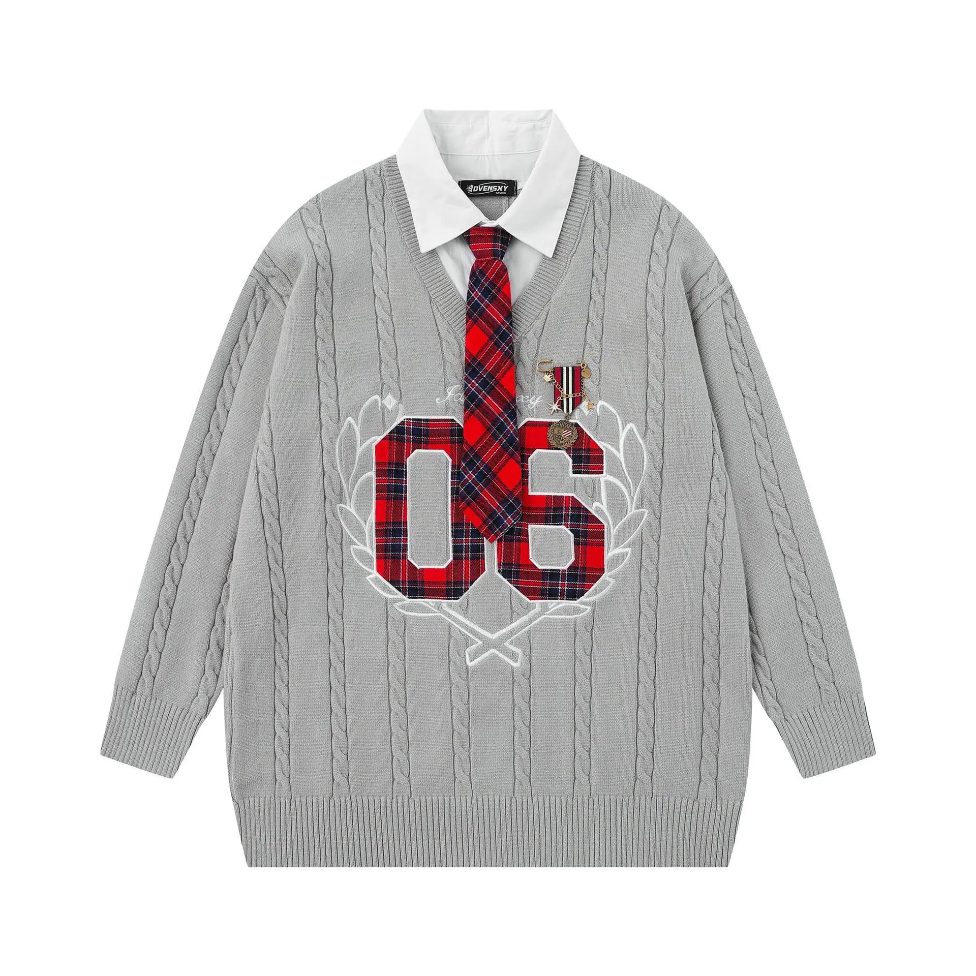 

Английский стиль, шотландская клетчатая рубашка с вышивкой букв, искусственная рубашка из 2 предметов, вязаный свитер с галстуком, 2025 мешковатый повседневный трикотаж, топ