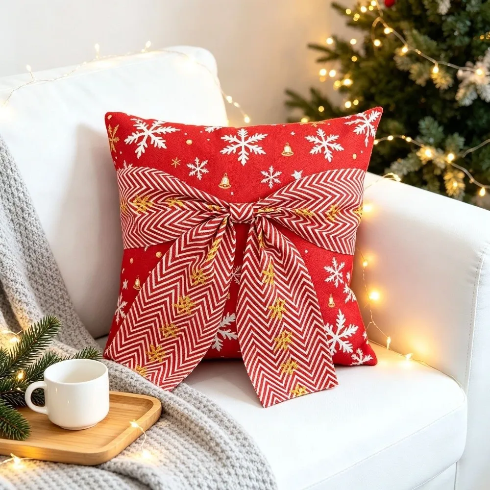 Home Decor Bow Design Christmas Pillow Cover Snowflake Square Throw Cushion Case Exquisite Soft Sofa Pillow Cover Bedroom