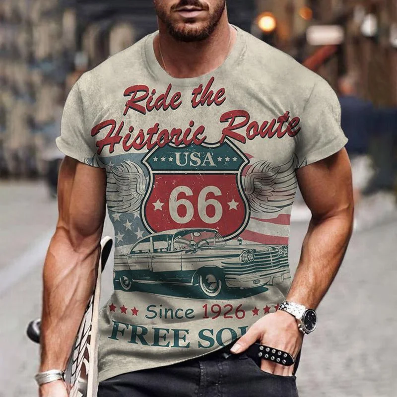 Summer Vintage Route 66 Print Men's T-shirt American West Cowboy Short Sleeve Casual Nostalgic Oversized Men's Clothing Tops 6xl