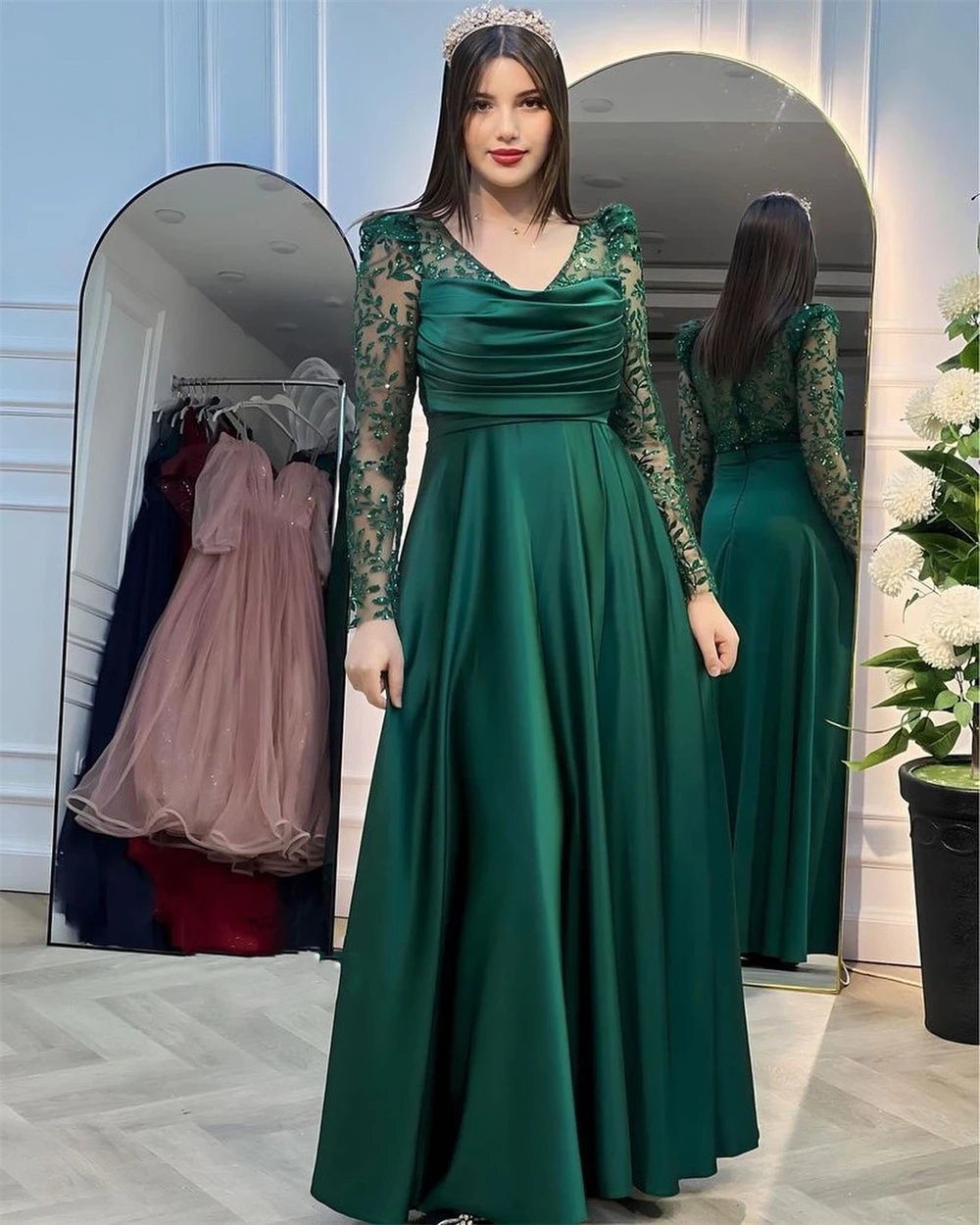 Customized  Modern Style Formal Evening V-Neck Floor-Length A-line Draped Satin Bespoke Occasion Dresses