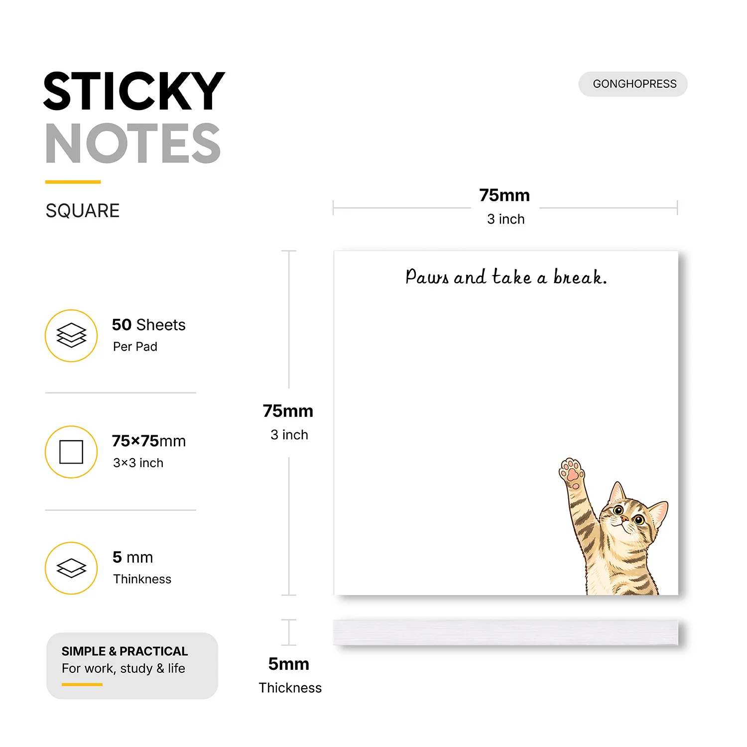 2pcs Cute Cat Sticky Notes Set, “Paws and Take a Break” Self Stick Memo Pads, 100 Sheets Total, Funny Pet Animal Notepads
