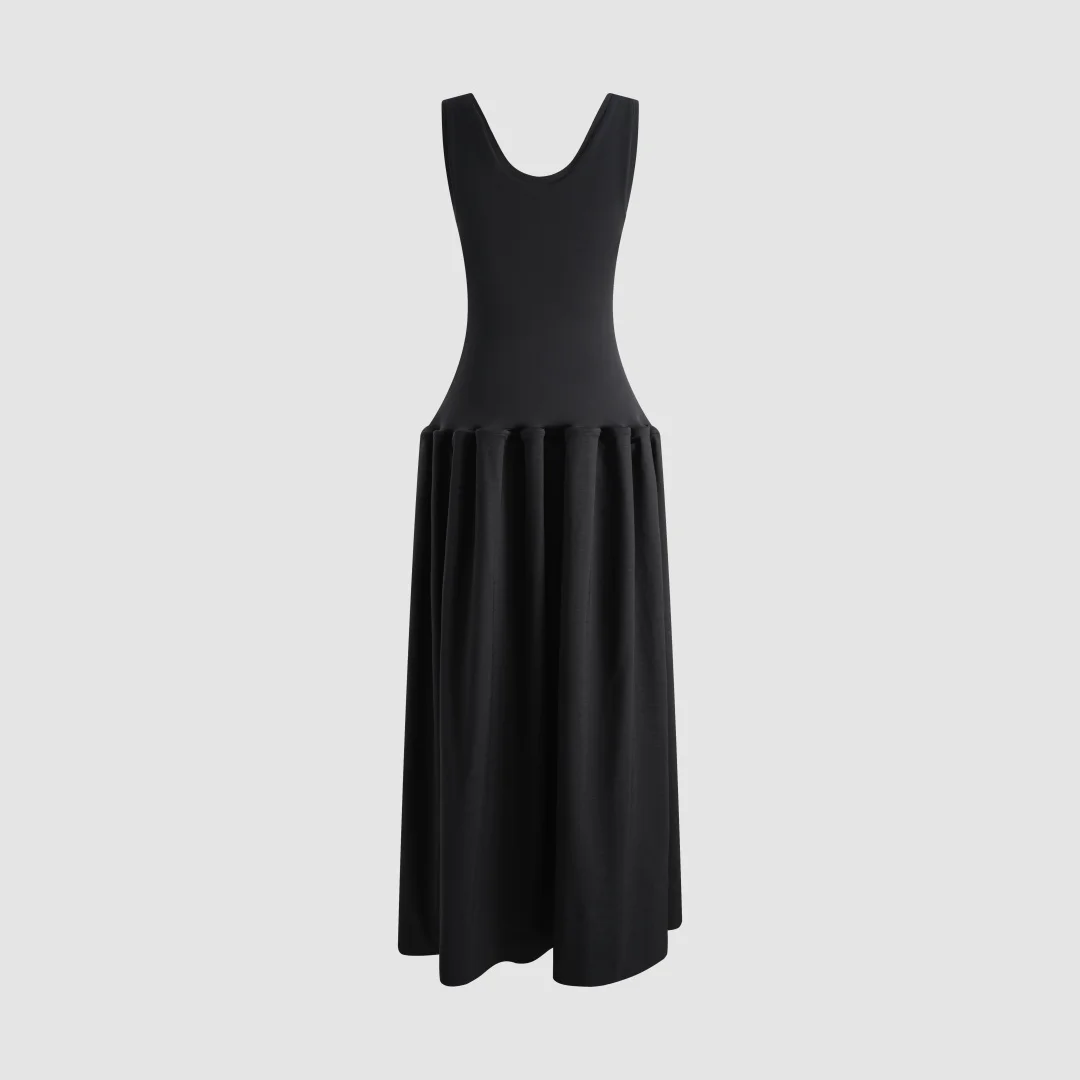 2026 Sculpted Fit & Flare Cotton Blend Midi Dress – Elegant Sleeveless U-Neck Black Gown with Pleated Skirt