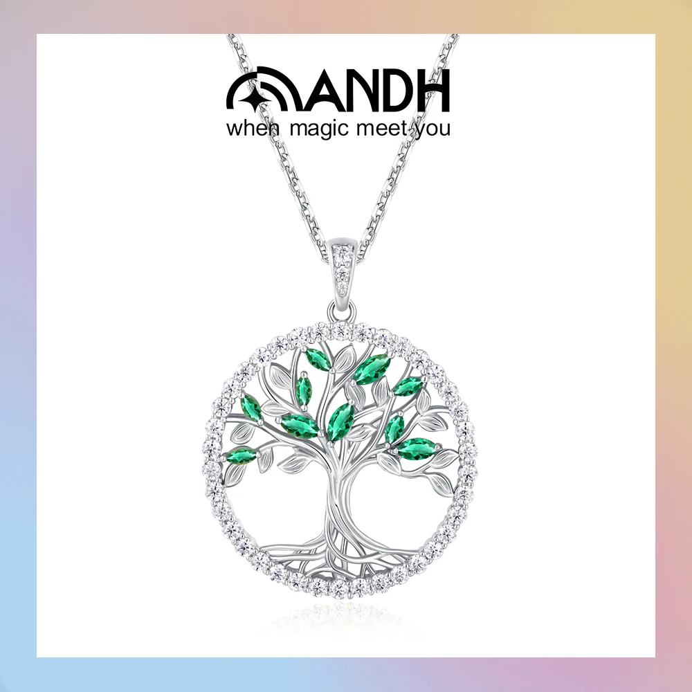 

ANDH Cultivate Emeralds Moissanite Pendant Necklace 925 Sterling Silver Viking Tree of Life necklace Fine Jewelry Gift for Women