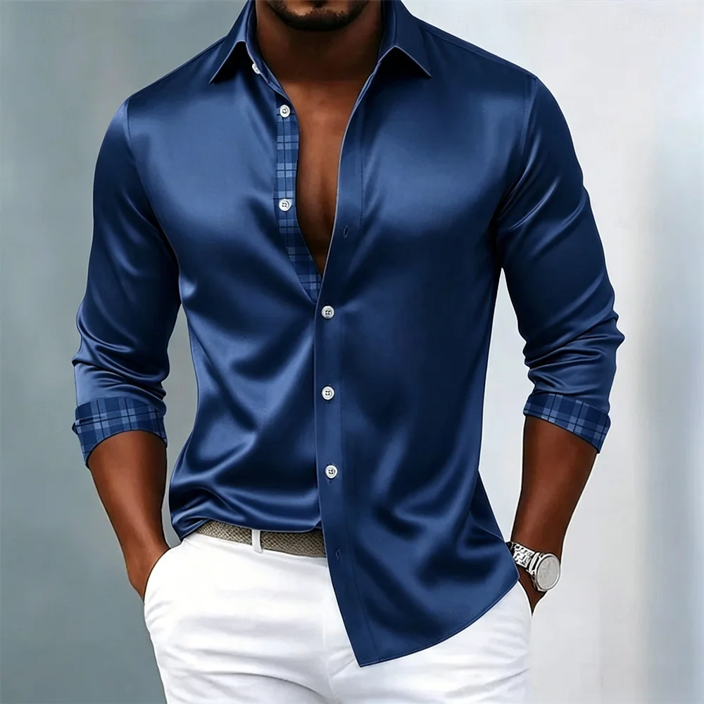 Men's Shirts, Satin Shirts, Business and Wedding Checkered Shirts, Long Sleeves, Seasonal Clothing