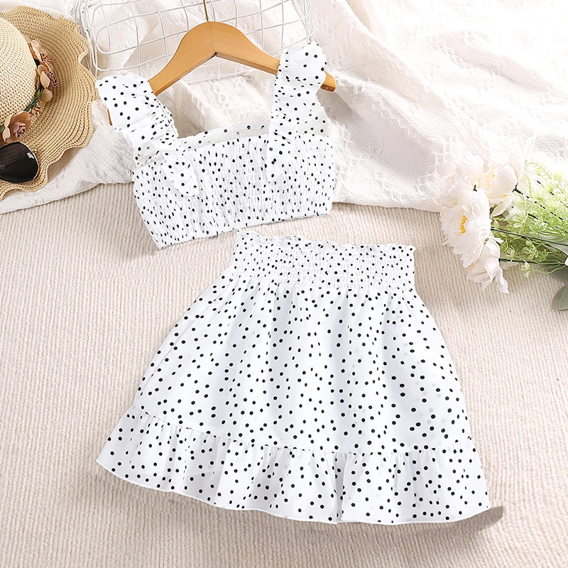5-12 Years Cute Girl Red Flying Sleeve Square Collar Top & Red Skirt Fashion Sets Stylish Summer Vacation Party Daily Casual