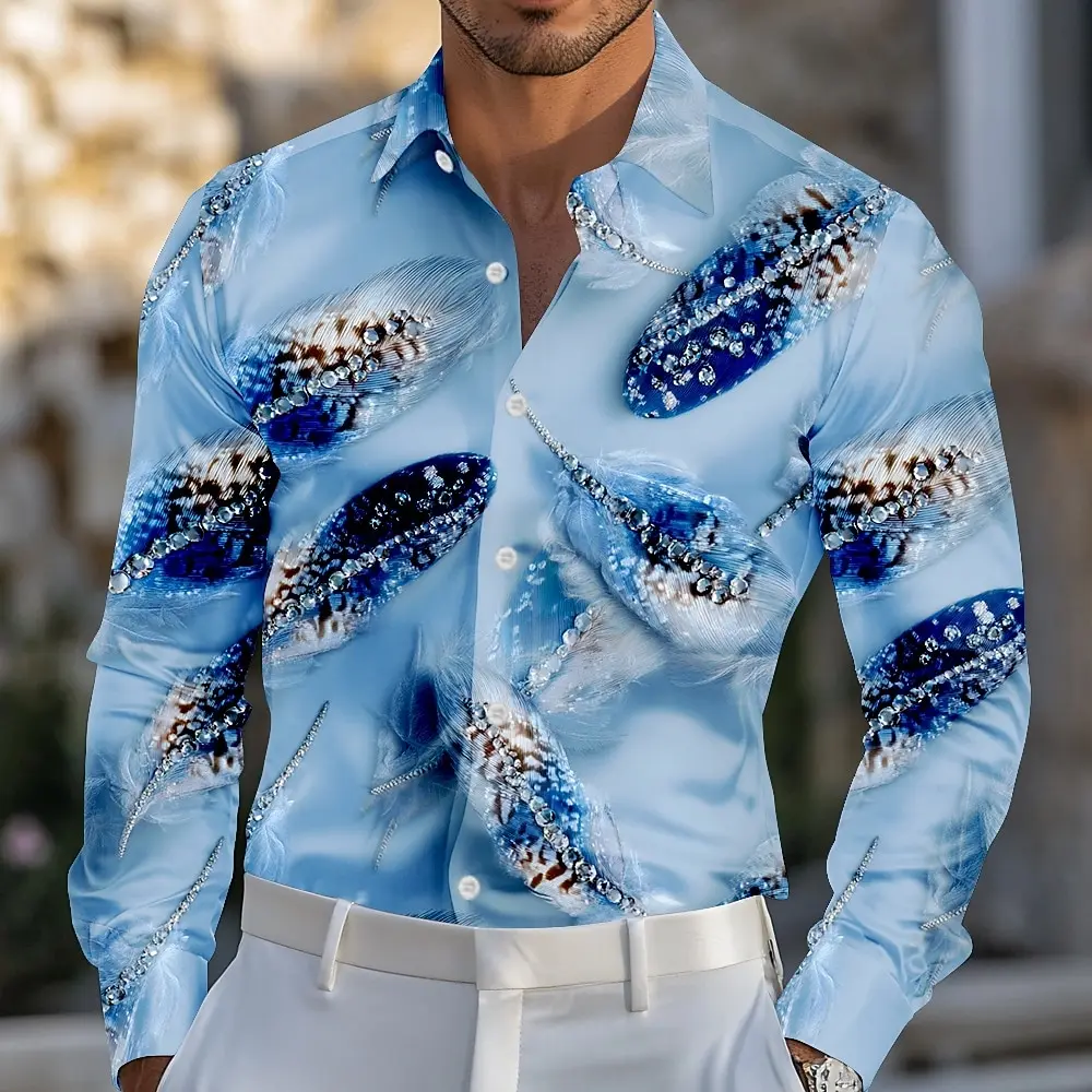 

Mardi Gras Мужская карнавальная рубашка перья ослепительного цвета с длинным рукавом Модные повседневные вечерние летние отложные рубашки на пуговицах с 3D принтом