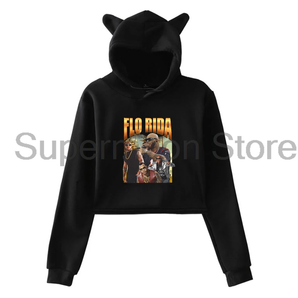 Flo Rida Rapper Vintage Graphic Pullover Female Cat Ears Hoodie Long Sleeve Crop Top Women's Clothes