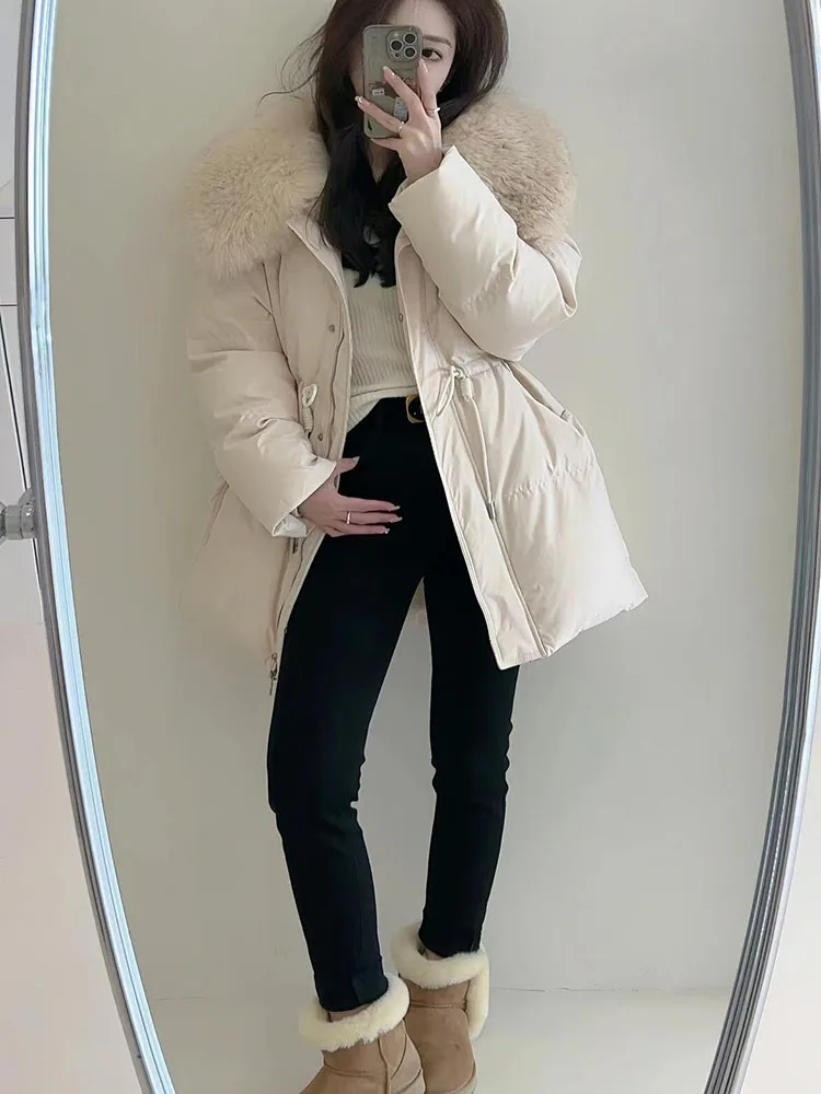 Echte natuurlijke vossenbontkraag donsjack damesmode witte ganzendons jas winter dikke donsjack warme bontjas