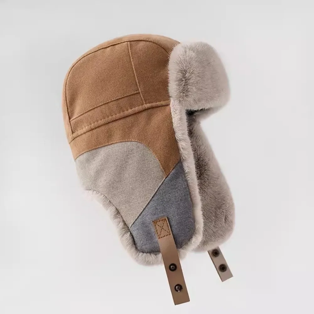 Farbblock-Wintermütze mit Fleece-Futter, Ohrenklappen, winddicht, windresistent, dicke, thermische Patchwork-Skimütze – Detail 4