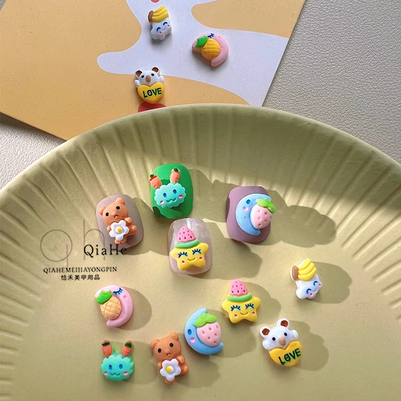 20pcs cute bear strawberry moon banana three-dimensional mini cartoon nail charms resin DIY nail decoration nail art jewelry