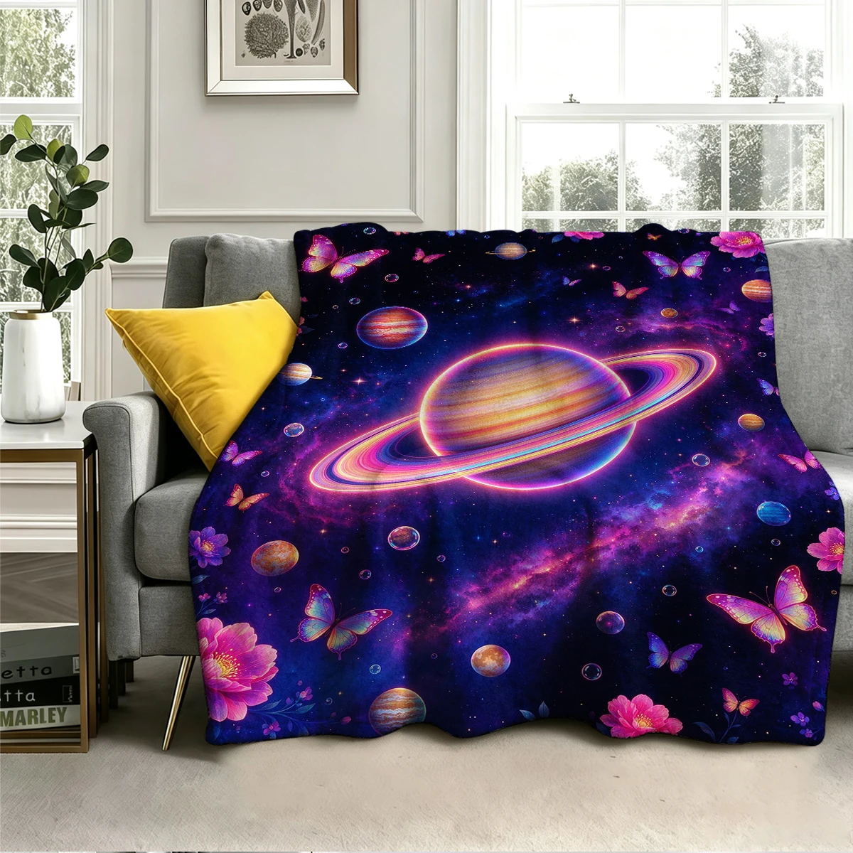 Neon Saturn Galaxy Butterfly Flannel Blanket Warm Soft Halloween Christmas Decorative Couch Warm Cozy All-Season Gift