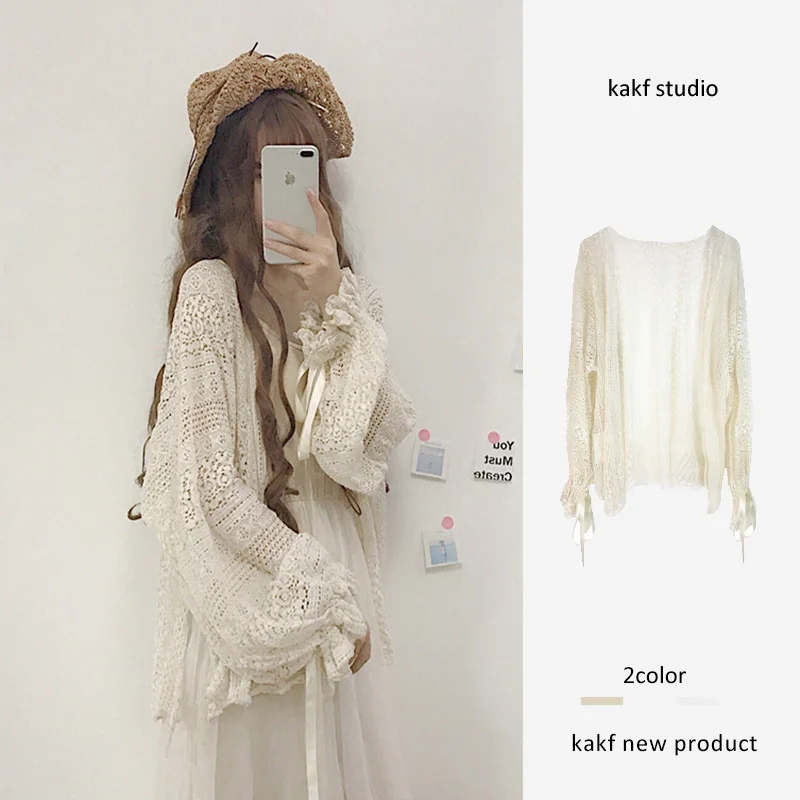

Sweet Japanese Sle Loose Long Sve Lace irt Sun Protection Clothes Women's Lantern Sve Outer Covering Cardigan