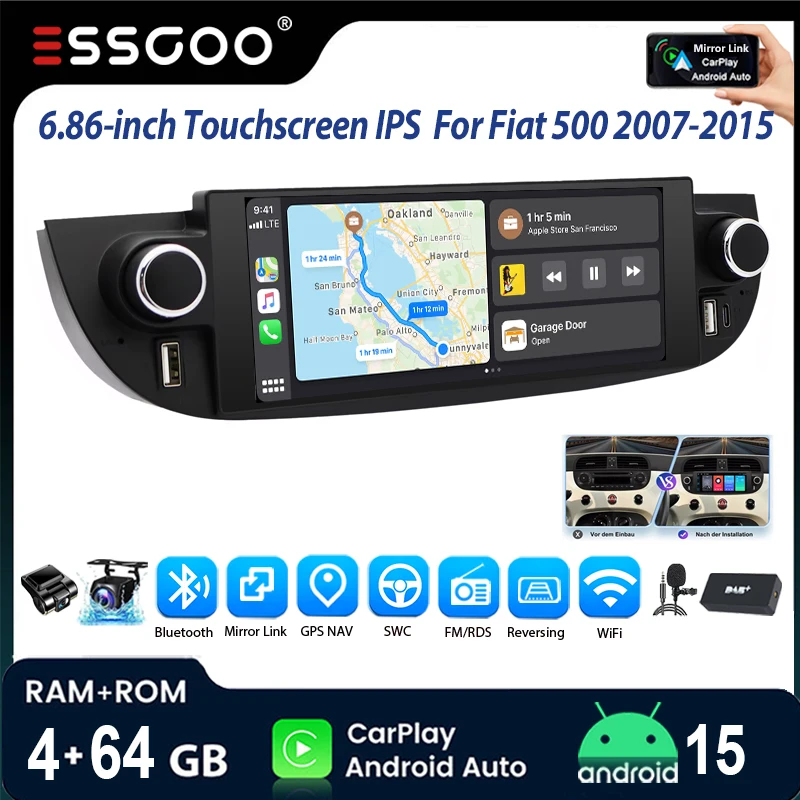 ESSGOO 6,86 Zoll Android 15 4+64G Autoradio mit Bluetooth für Fiat 500 Abarth 2007-2015, 2+64G Wireless CarPlay GPS Navi Dual USB WiFi RDS