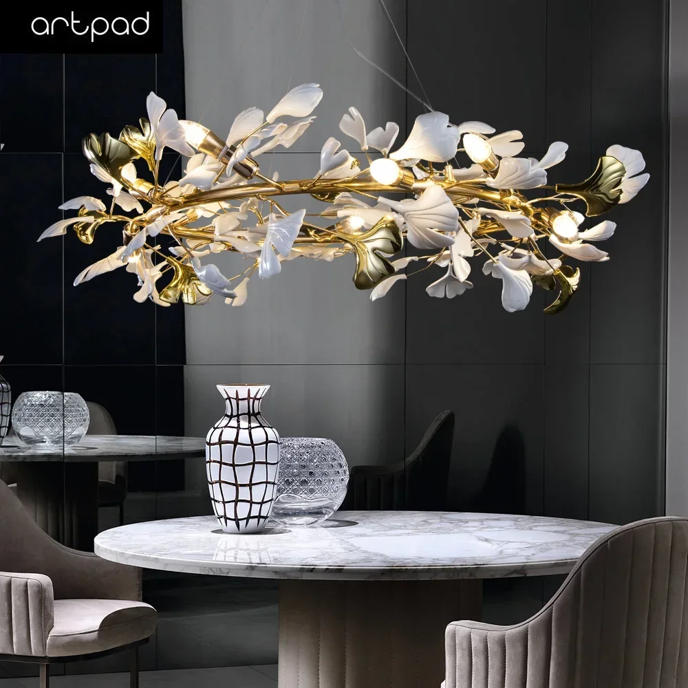 

Artpad Gold Ginkgo Leaf Dining Table Chandelier Round Ring Ceramic Ceiling Hanging Chandeliers Lamp Decoration Living Room