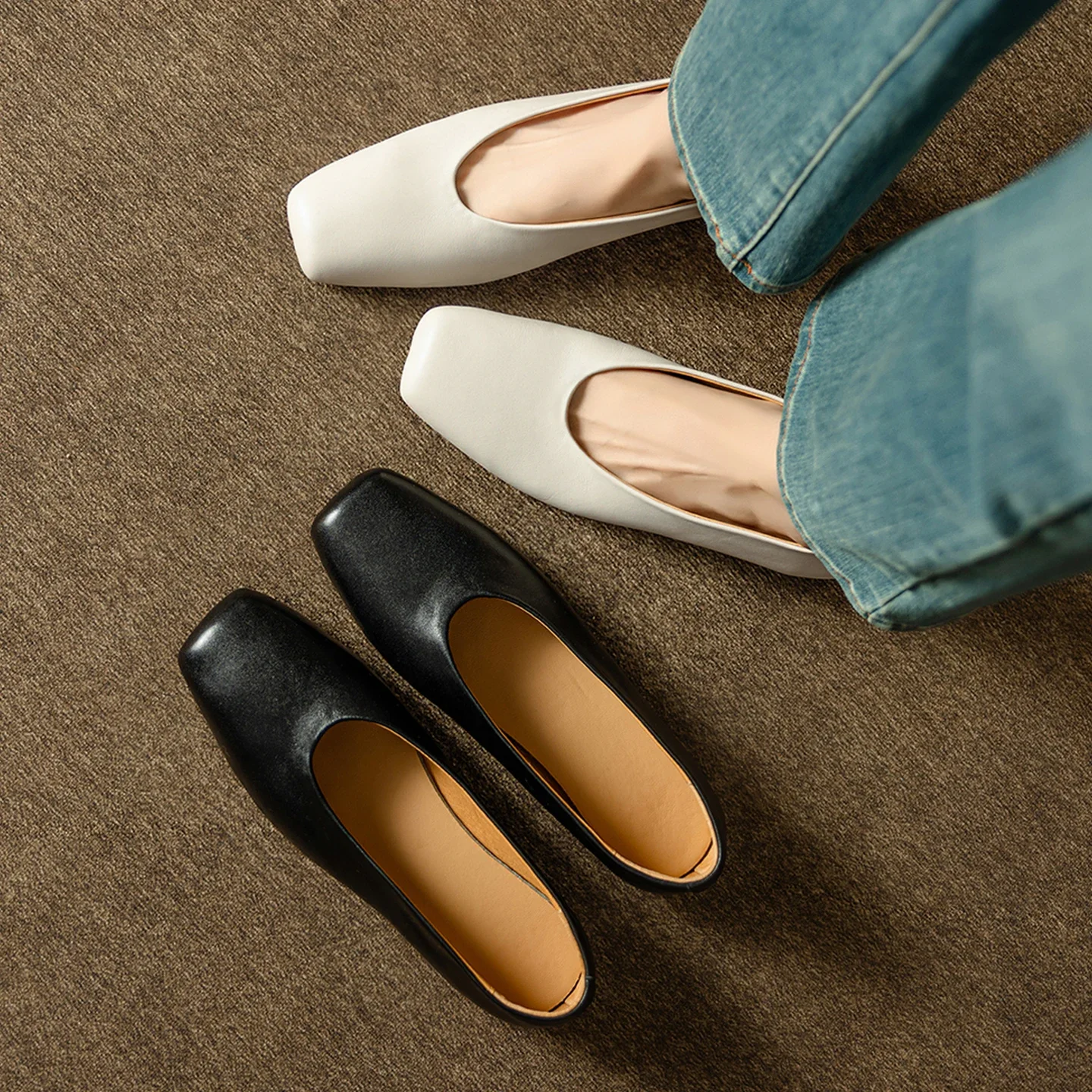 2026 new spring summer women pumps natural leather 22-25cm cowhide+ sheepskin+pigskin square toe low heel shoes women shoes