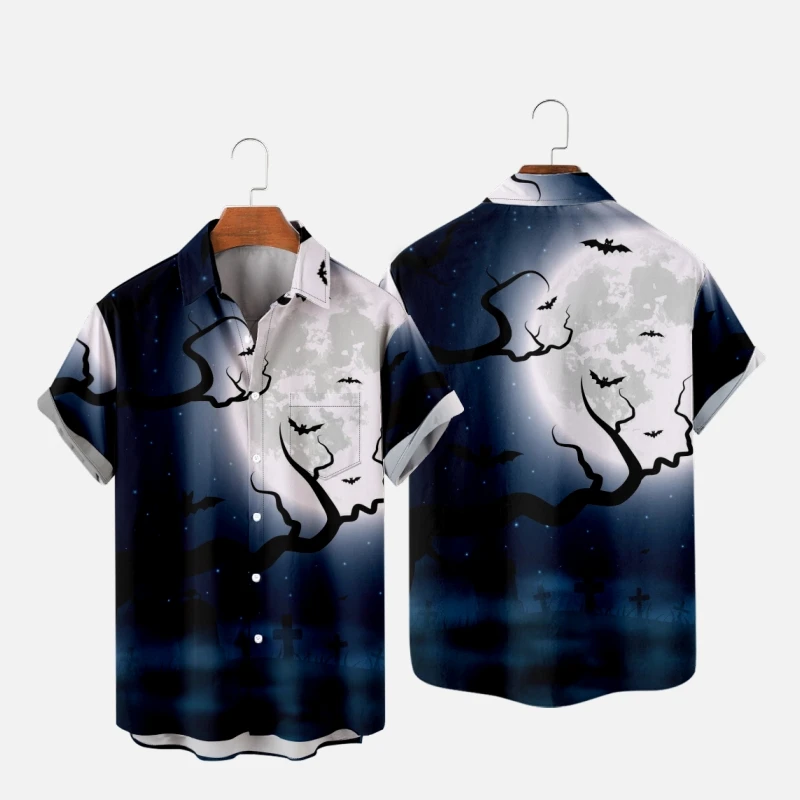 

Men's Hawaiian T-Shirt Gothic Halloween Moon Retro 3D Printed Y2K Hombre Fashion Shirt Casual Beach Oversized Clothes