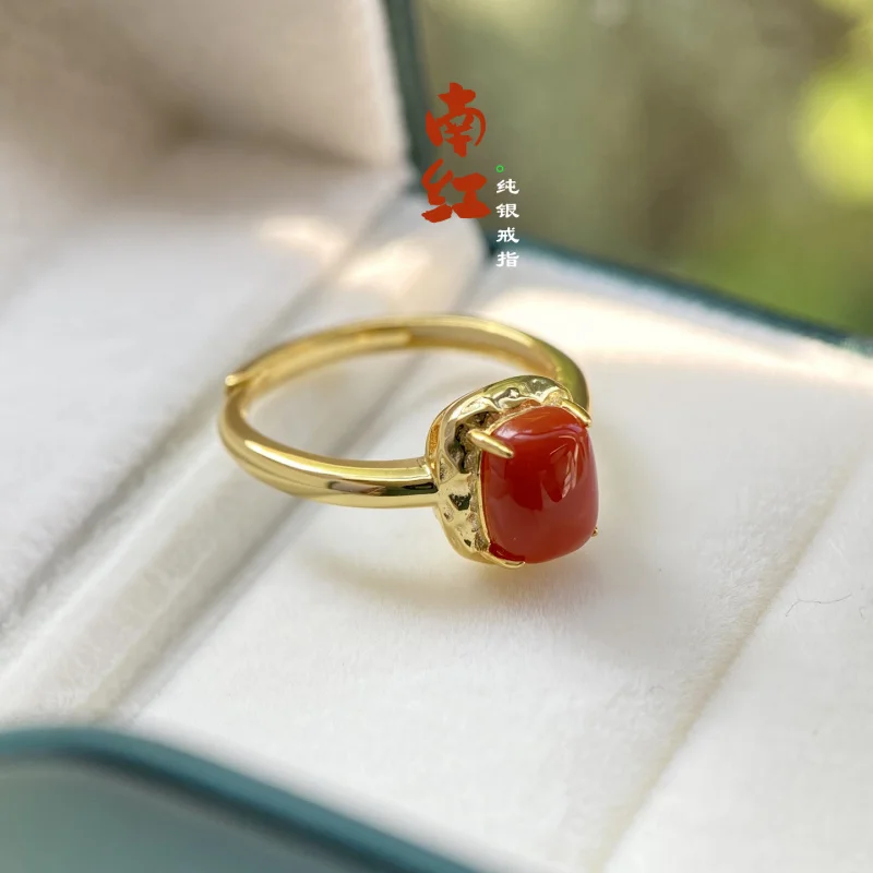 

Natural Square Full S925 Sterling Silver Inlaid Red Rectangular Ring Women