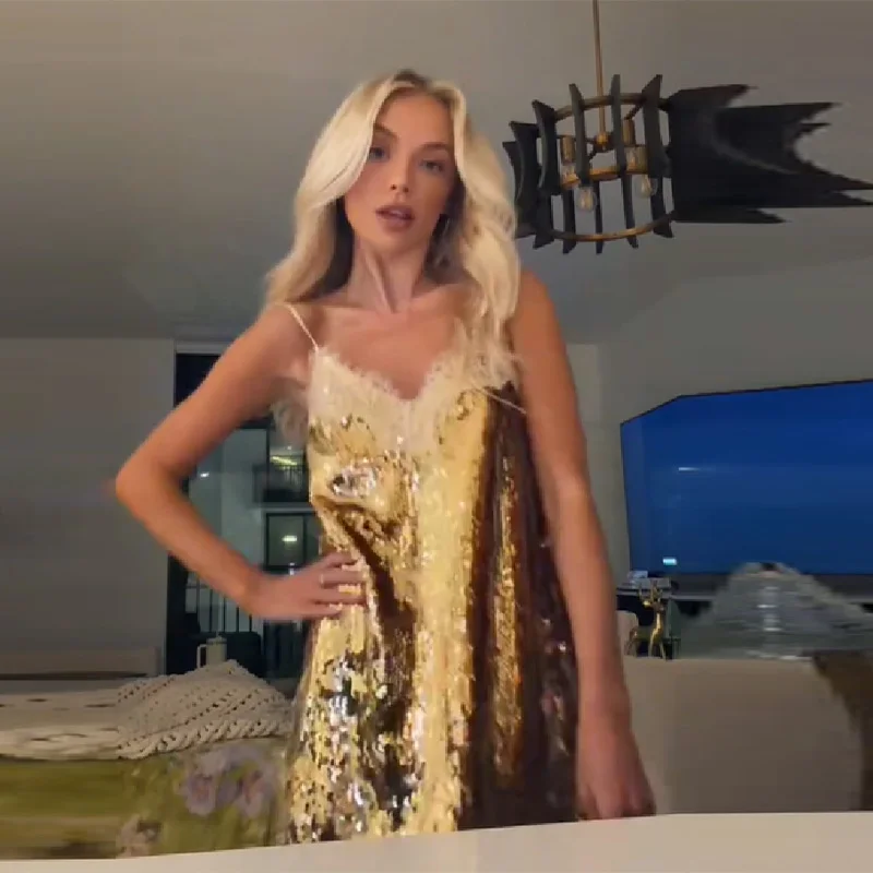 جلام الذهب الترتر فستان الدانتيل بريق مثير حار خمر شيك عارية الذراعين سيدة كامي فساتين صغيرة الحفلات المسائية ثوب المرأة الأنيقة #4