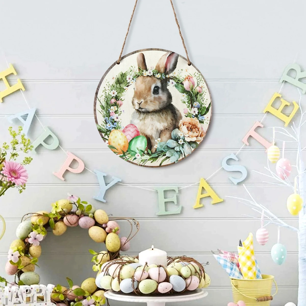 2025 Easter Bunny Wooden Door Sign Hello Welcome Easter Rabbit Carrot Wooden Plaque Hanging Pendant Happy Easter Day Party Decor