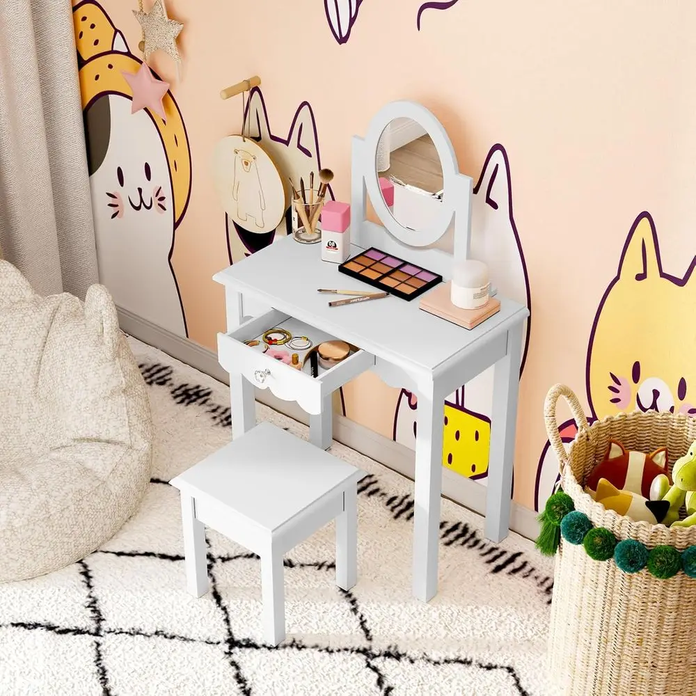 HLR Kids Vanity Set with Mirror Stool and Der or Little Girls, White | Girls Vanity Set, Wooden 2 in 1 PrincMakeup Desk Dring Ta