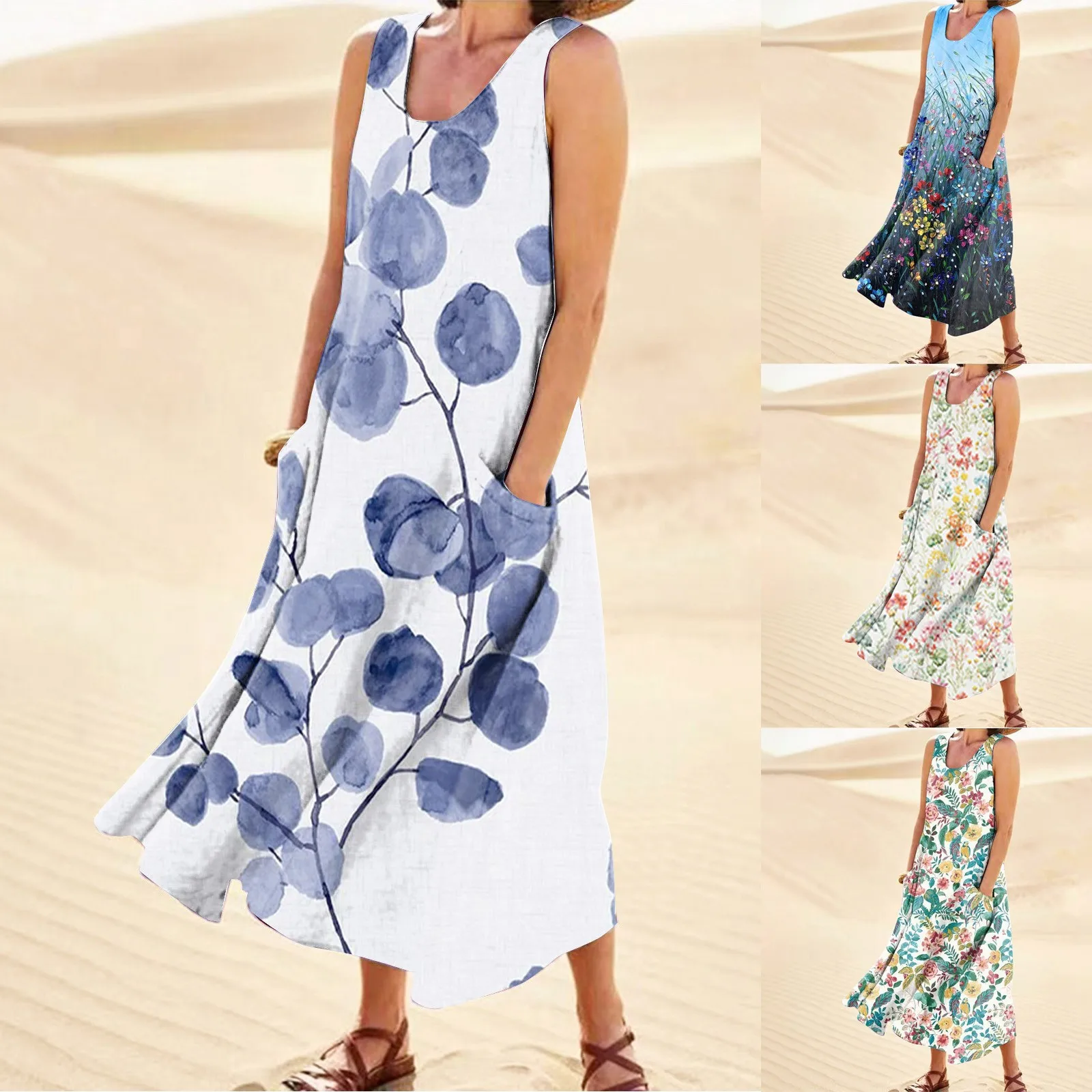 Women Cotton Linen Sundress Summer Female Sleeveless Double Big Pocket Loose Sand Beach Wear Printed Long Dress Oversized S-5xl