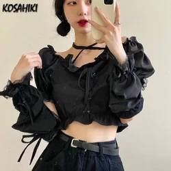 KOSAHIKI Crop Black Blouses Women Ruffles Harajuku Off Shoulder Slim Cropped Sexy Chic Female Summer Gothic Streetwear Y2k Tops