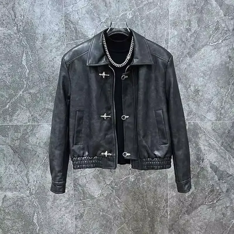 Unisex Faux Leather Jacket Men Women Vintage Lapel Metal Buckle Cropped PU Coat Streetwear Elastic Hem Outerwear