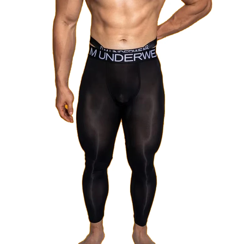 Men's Long Johns Sexy Low Waist Ice Silk Thin Stretchy Tights Silky Leggings Male Personality Transparent Underwear