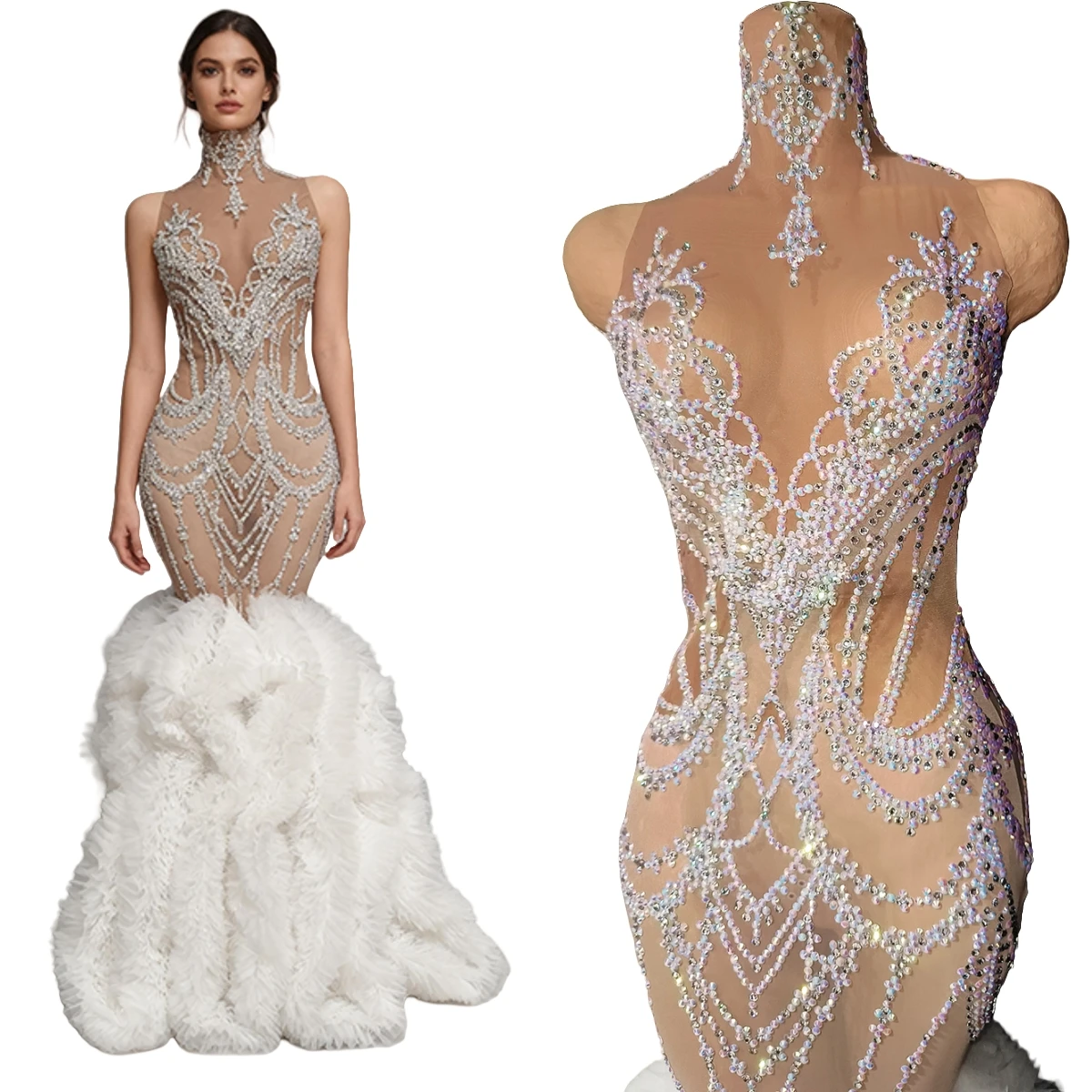 

Wedding Party See Through Mesh White Evening Dress Gala Prom Red Carpet Long Dresses Glamorous Sexy Women Mermaid Gown Gongzhu