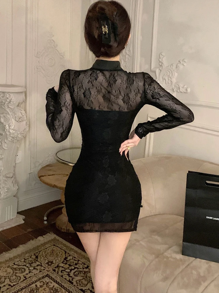 White Jacquard Floral Patchwork Sheer Sexy Mini Dress Women Autumn Winter Elegant Casual Dress 2024 Korean Luxury Evening Dress