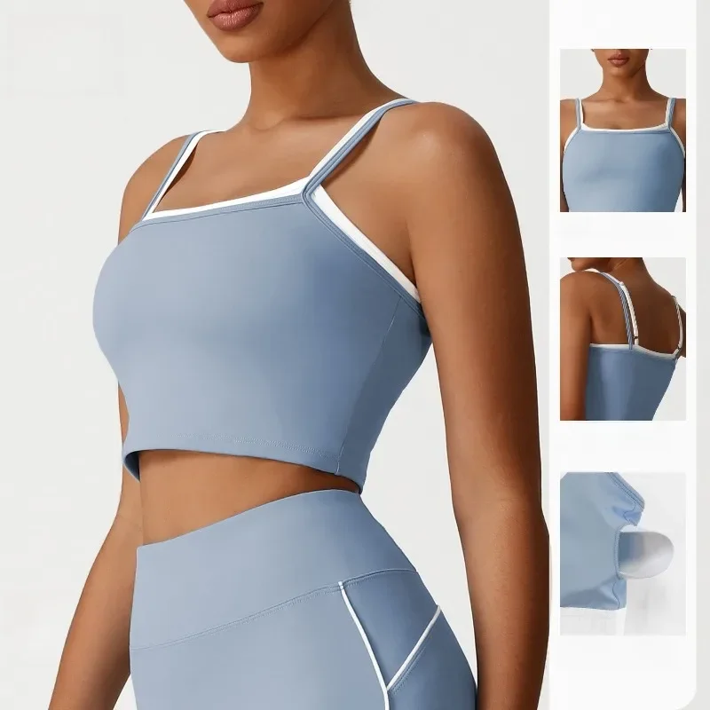 سترة يوجا نسائية بدون خياطة - قطعتين مزيفة مع حمالة صدر رياضية مبطنة قابلة للإزالة بدون ظهر وقابلة للتمدد والجري واللياقة البدنية بدون أكمام