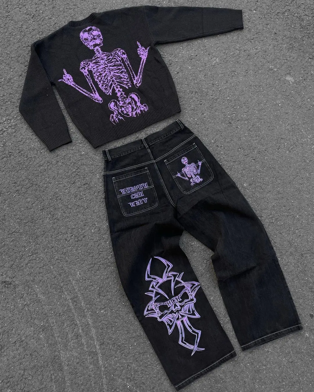 Y2K Jeans Mens Hip Hop Retro Skull Embroidery Washed Baggy Denim