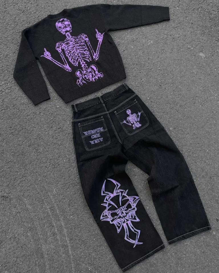 Y2K Jeans Mens Hip Hop Retro Skull Embroidery Washed Baggy Denim