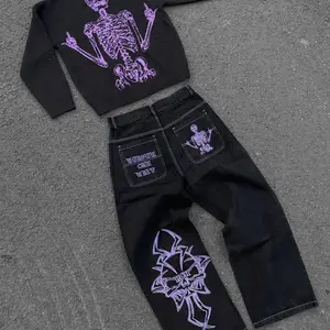 Hip-Hop-Herren-Retro-Jeans in Schädeln gestickt, lose Jeans gewaschen, glatt lässig, breite Hosen, Streetwear, Y2K, neu 8 Hauptverkaufsschädel Calcas - №3