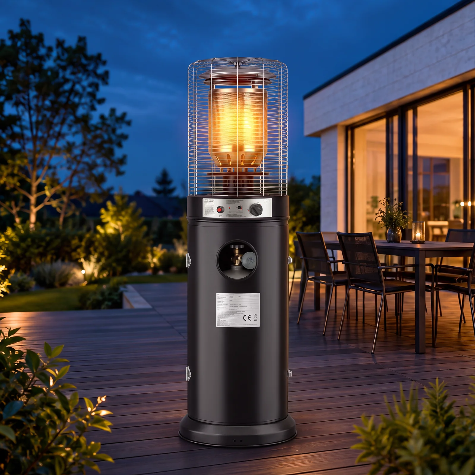 2-in-1 Outdoor-Propangas-Terrassenheizgerät, Automatischer Flammenschutz, Verriegelbare Räder, Regenschutz für Garten, Hinterhof, Terrasse, Party