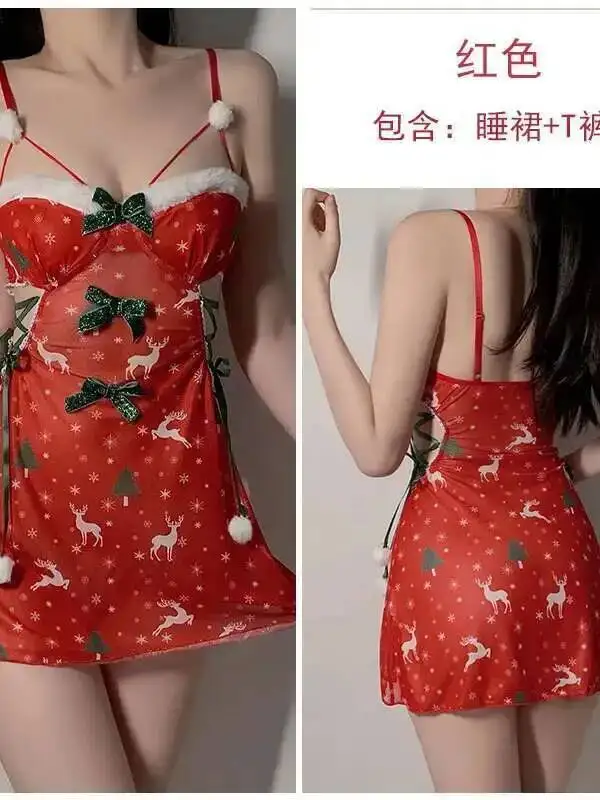 Vestido de Navidad bonito y dulce de malla Sexy, lazo, árbol de Navidad, ciervo, estampado de nieve, tirantes, vestido sin mangas con cordón MWGO