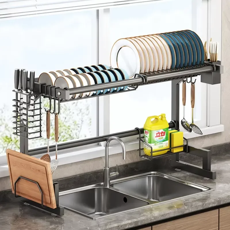 Kitchen Sink Drying Rack with Accessory Storage Pipe and Bowl Holder for Silverware Factory Wholesale